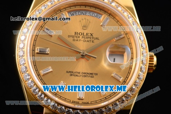 Rolex Day-Date Swiss ETA 2836 Automatic Yellow Gold Case/Bracelet with Yellow Gold Dial and Diamonds Bezel Stick Markers (BP) - Click Image to Close